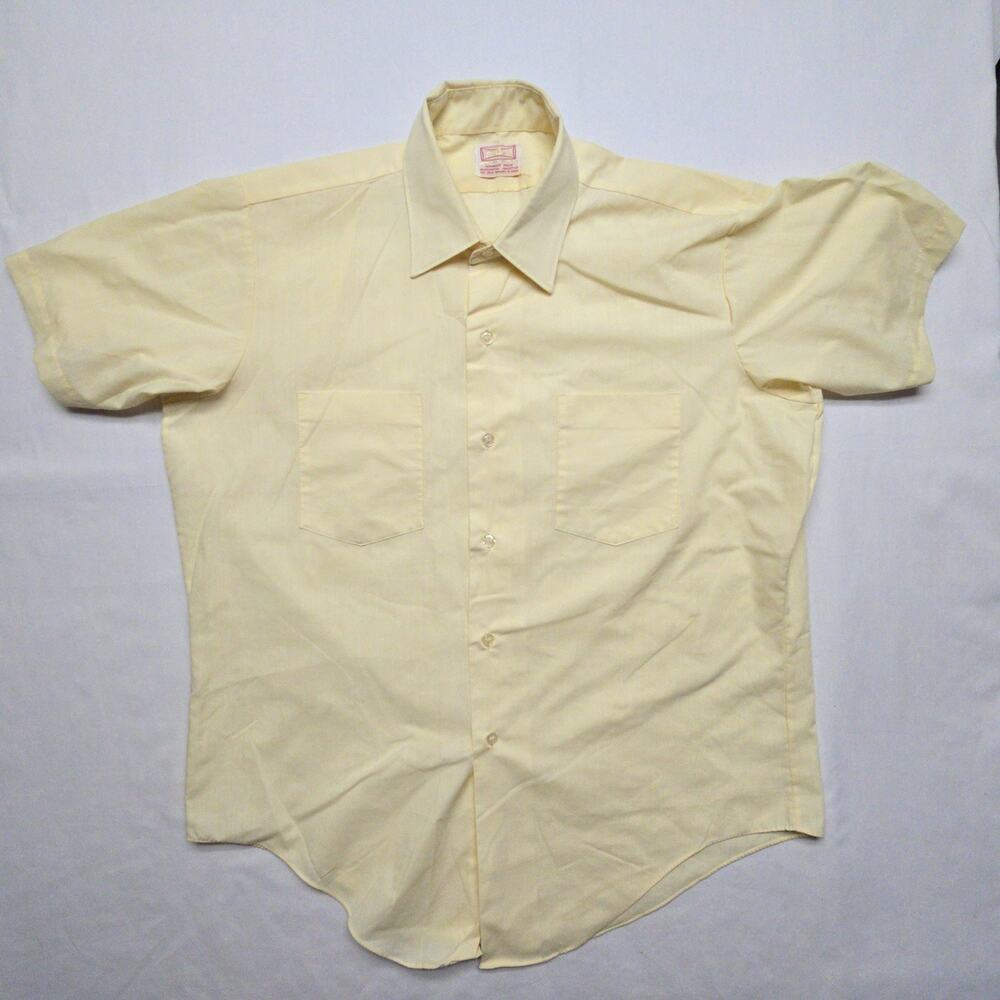 Vintage Mens Short Sleeve Button Up Shirt Yellow Cotton Casual 80s Large